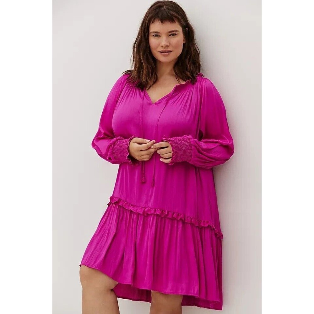 Anthropologie Giulia Tunic Dress Women's L Fuchsia Pink Tie Front Tassel Ruffle